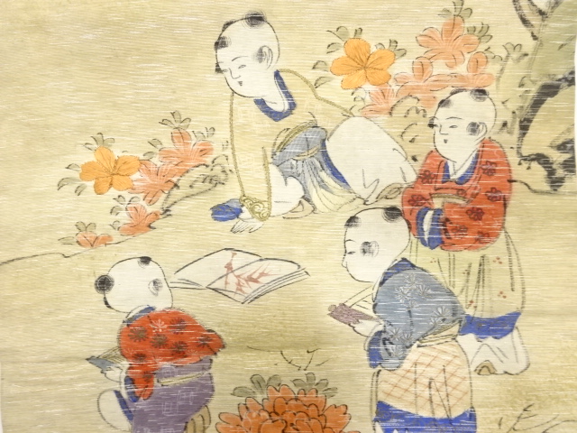 アンティーク　手描き　唐子に牡丹模様刺繍名古屋帯